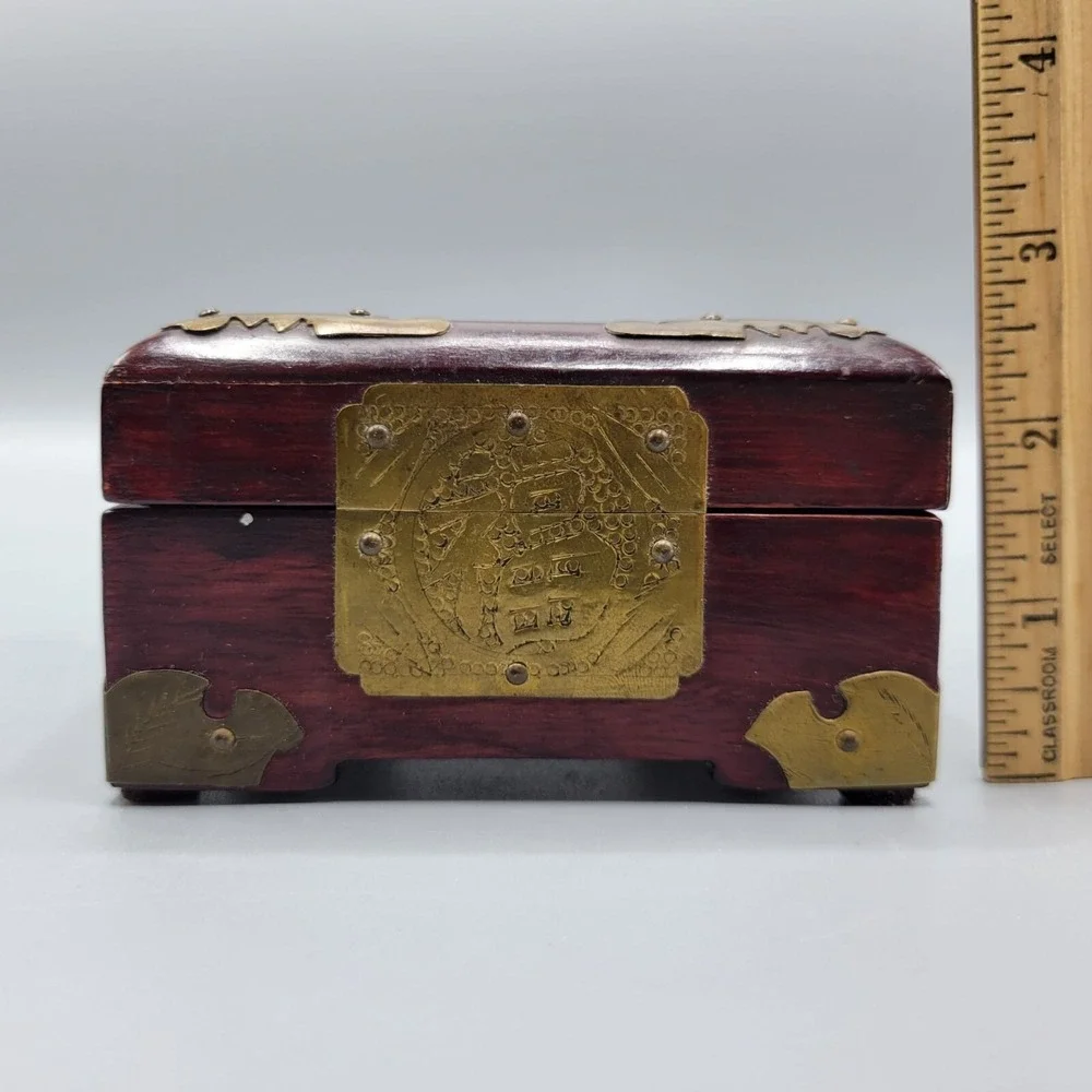 Vtg Chinese Wood Brass Carved White Jade Medallion Ornate Jewelry Box 4.25